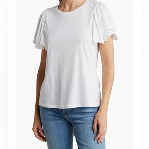 Faith & Zoe Lace Trim Flutter Sleeve T Shirt - White - Size M - NWT